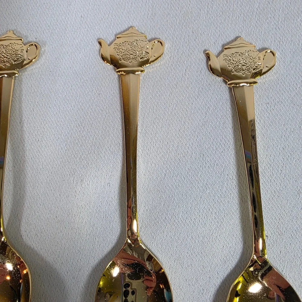 Vintage HIC Japan Gold-tone Stainless Teapot Teacup Demitasse Spoons Set of 8